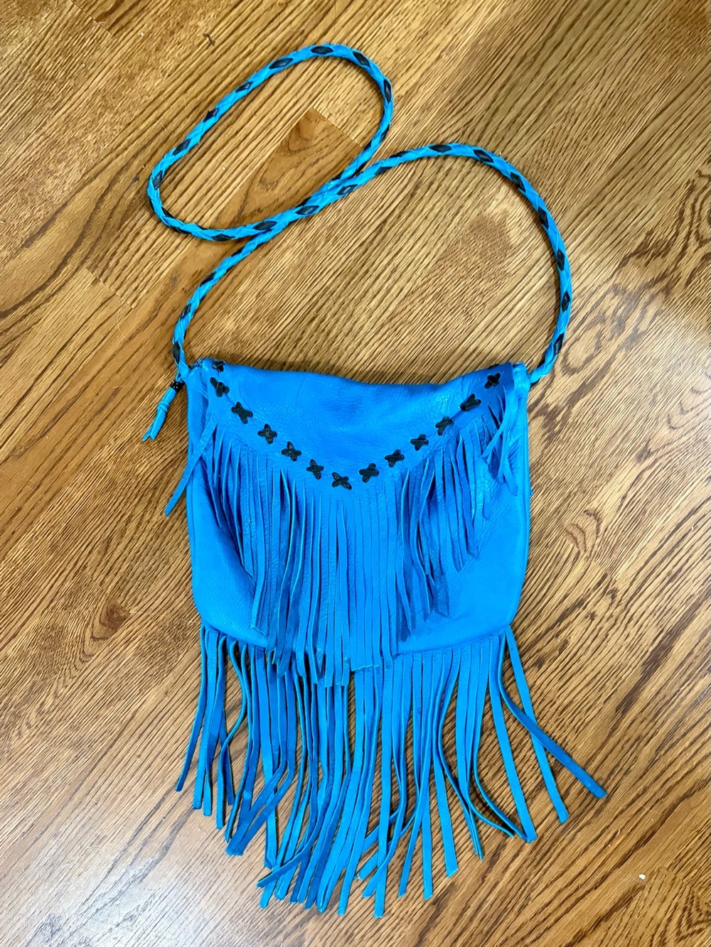 Genuine Leather Turquoise Fringe Southwest Boho Crossbody Bag with Braided Strap